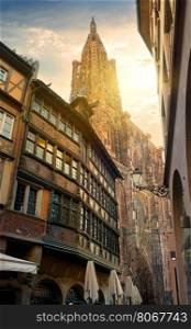 View from street on a big gothic cathedral of Strasbourg