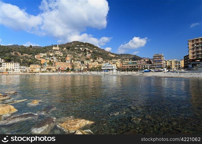 view from the beach of Recco, small town in Liguria, Italy