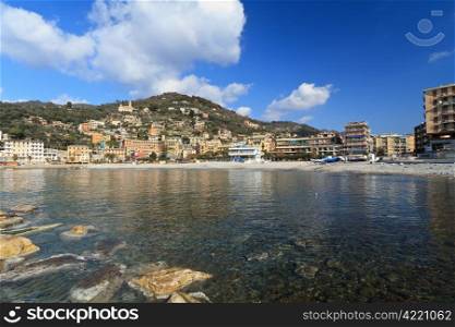 view from the beach of Recco, small town in Liguria, Italy