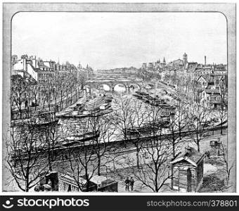 View from the Boulevard Henri IV on the right arm of the Seine, vintage engraved illustration. Paris - Auguste VITU ? 1890.