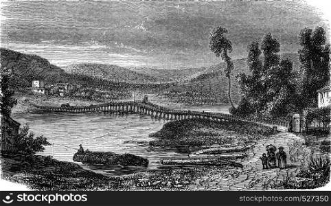View from the Bridge Saint-Laurent, on the Var, vintage engraved illustration. Magasin Pittoresque 1847.