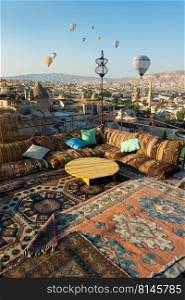 View from the cafe terrace in Cappadocia. Terrace in Cappadocia