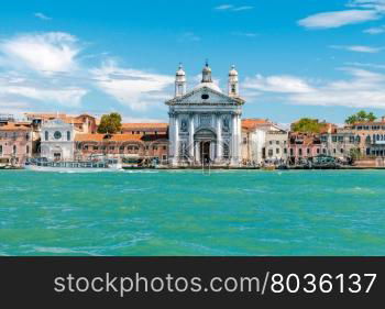 View from the canal on the Dominican church Gesuati Santa Maria del Rosario in Sestiere of Dorsoduro, on the Giudecca canal. Venice, Italy.