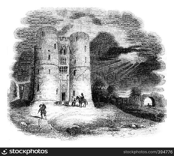 View from the castle of Coventry, was locked or Mary Stuart, vintage engraved illustration. Colorful History of England, 1837.