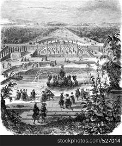 View from the cave and part of the canal, in the old castle of Sceaux, vintage engraved illustration. Magasin Pittoresque 1846.