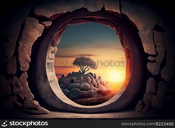 View from the cave to the tree anf sunset illustration. AI generative.