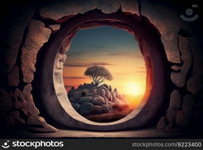 View from the cave to the tree anf sunset illustration. AI generative.