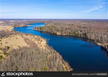 View from the drone of the Uvodsky reservoir on a spring day, Ivanovo Region, Russia.