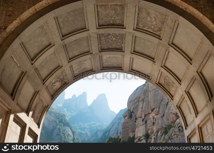 View from the entrance of famous Montserrat monastery to buildings and mountain
