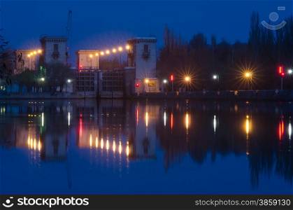 View from the first gateway to rub lock of the Volga-Don Canal Lenin, view after sunset
