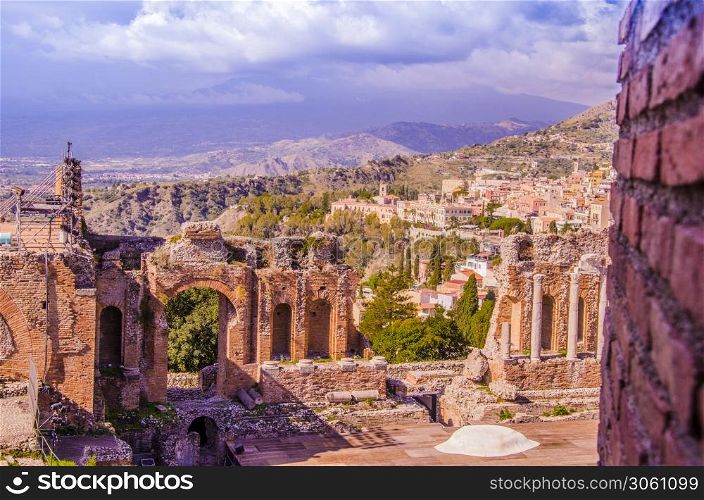 View from the greek theater of taormina of the city and Sicilian territory