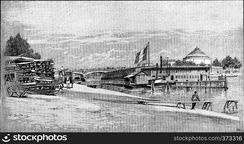 View from the harbor in Les Coches to the Pont d'Austerlitz, vintage engraved illustration. Paris - Auguste VITU ? 1890.