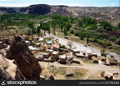 View from the hill on the village SElime in Ihlara valley in Cappadocia, Turkey