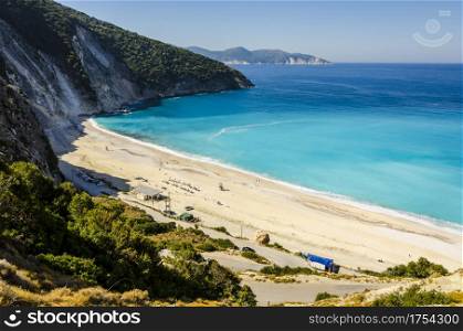 View from the mountain that surrounds it from Myrtos beach on the island of Kefalonia