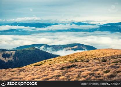 View from the mountain to beautiful landscape with grass and blue clouds. Hoverla, Ukraine.