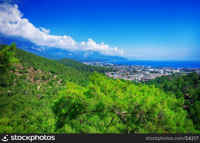View from the mountain to the town of Kemer and the sea in Turkey.