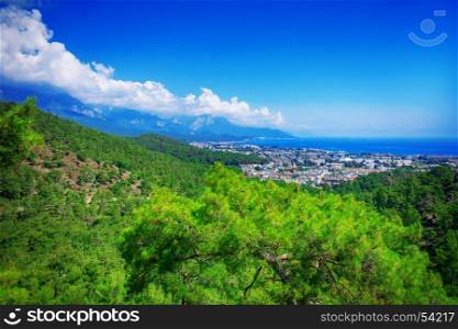 View from the mountain to the town of Kemer and the sea in Turkey.