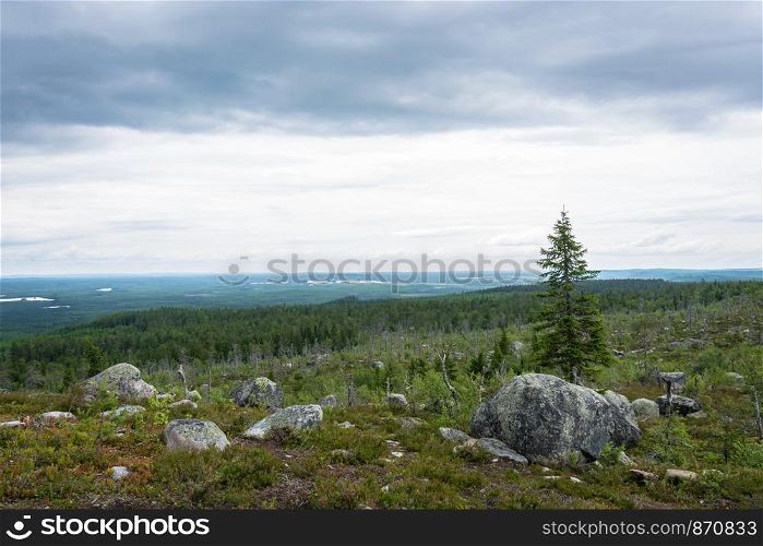 View from the mountain Vottovaara is the highest peak in the reserve on a cloudy day, Karelia, Russia.