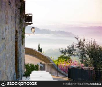 view from the observation deck on foggy morning at the Toscana, in the province of Siena. Tuscany, Italy