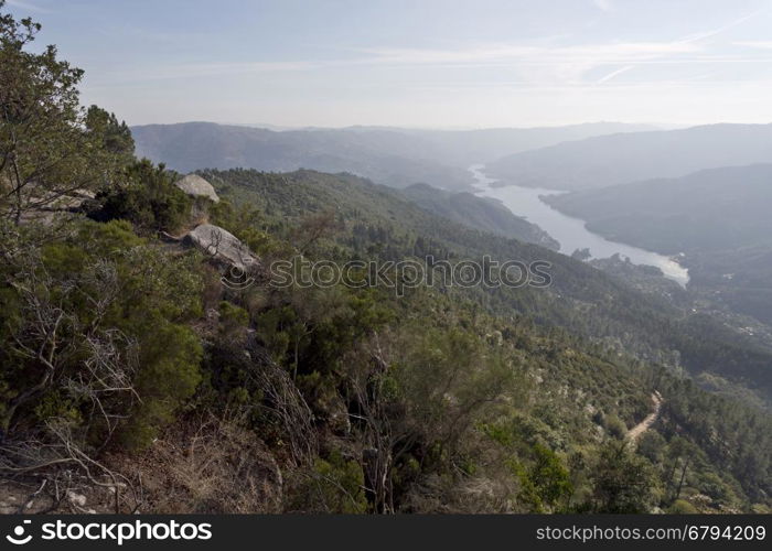 View from the Pedra Bela Viewpoint, at 800 meters altitude, of the Peneda-Geres National Park in Terras do Bouro region, Portugal.