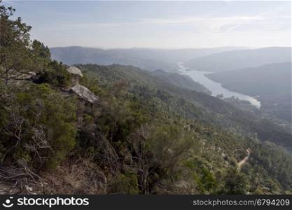 View from the Pedra Bela Viewpoint, at 800 meters altitude, of the Peneda-Geres National Park in Terras do Bouro region, Portugal.