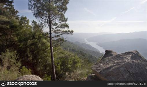 View from the Pedra Bela Viewpoint, at 800 meters altitude, of the Peneda-Geres National Park in Terras do Bouro region, Portugal.