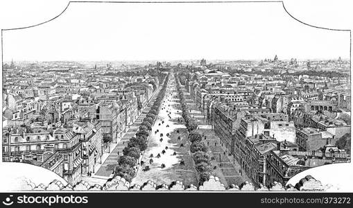 View from the platform of the Arc de Triomphe, vintage engraved illustration. Paris - Auguste VITU ? 1890.