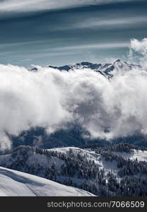 View from the Rosa Peak of Caucasus mountains. Sochi, Krasnaya Polyana (Rosa Khutor alpine ski resort), Western Caucasus, Russia.