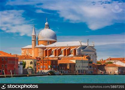View from the sea to Chiesa del Santissimo Redentore on Giudecca island, Venice, Italia
