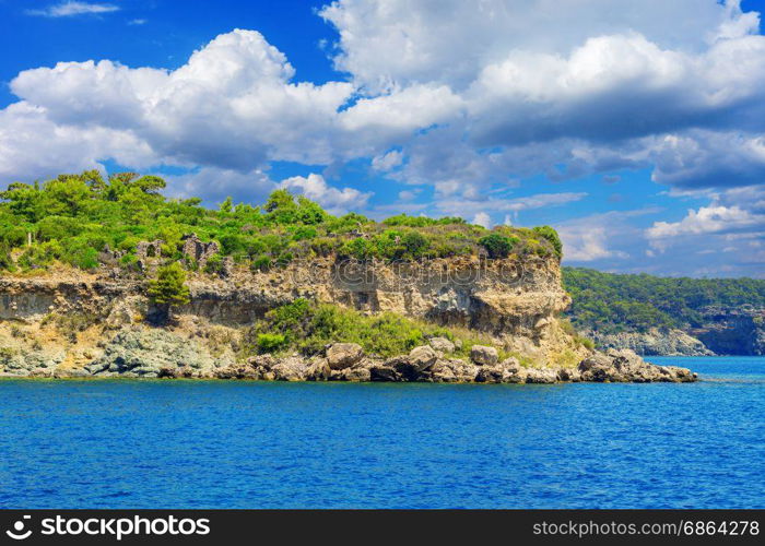 View from the sea to the Phaselis near the town of Kemer.