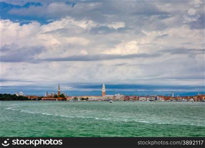 View from the sea to Venice and San Giorgio di Maggiore island at evening, Italia
