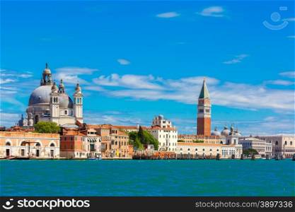 View from the sea to Venice with Campanile di San Marco and Basilica di Santa Maria della Salute, Italia