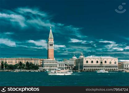 View from the sea to Venice with Campanile di San Marco and Doges Palace, Italia. Toning in cool tones