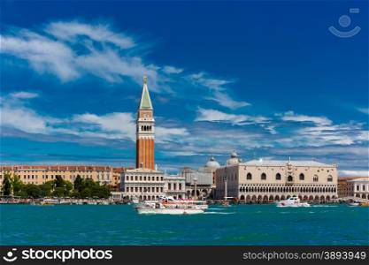 View from the sea to Venice with Campanile di San Marco, Doges Palace and Ponte dei Sospiri, Italia