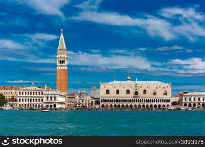 View from the sea to Venice with Campanile di San Marco, Doges Palace and Ponte dei Sospiri, Italia