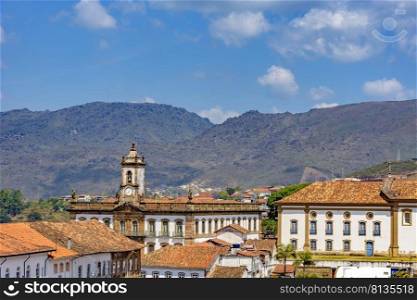 view from the top of the historic center of Ouro Preto with its houses, church, monuments and mountains. View from the top of the historic center of Ouro Preto