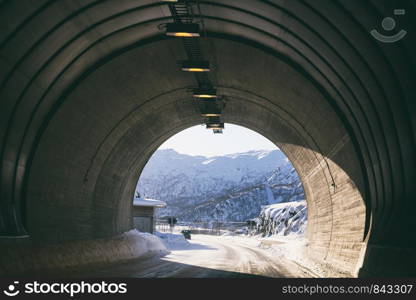 view from the tunnel of the norwegian mountains. Lofoten Islands. Norway.