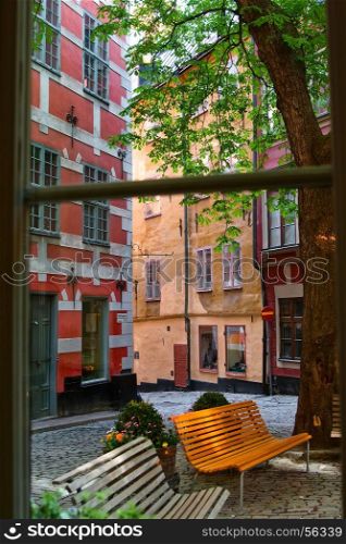 View from the window a small cafe on the patio in the old town. Stockholm. Sweden