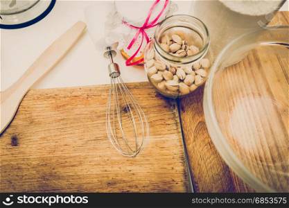 View from top on utensils and ingredients for baking on desk