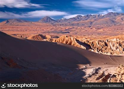view from Valle de la Muerte (Death Valley) on the dune and Andes, Atacama desert, Chile