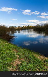 View from Wilton over the River Wye to Ross on Wye and spire of St Marys Church. Herefordshire, England, United Kingdom.