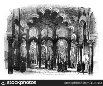 View inside the Cathedral of Cordoba, vintage engraved illustration. Magasin Pittoresque 1841.