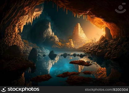 view inside the cave, beautiful scenery. Neural network AI generated art. view inside the cave, beautiful scenery. Neural network AI generated