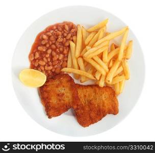 View looking down on a meal of fried breaded fish, with chips (french fries) and baked beans