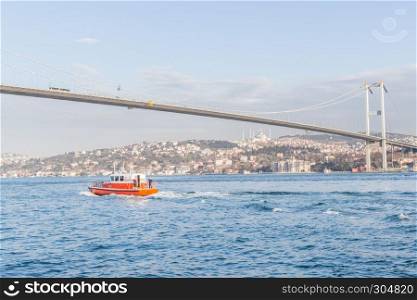 View of 15 July Martyrs Bridge or unofficially Bosphorus Bridge also called First Bridge over bosphorus in Istanbul,Turkey.03 January 2018. View of 15 July Martyrs Bridge in Istanbul