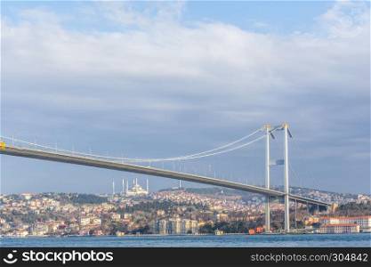 View of 15 July Martyrs Bridge or unofficially Bosphorus Bridge also called First Bridge over bosphorus in Istanbul,Turkey.03 January 2018. View of 15 July Martyrs Bridge in Istanbul