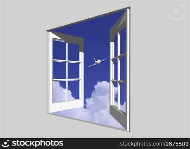 View of a aeroplane gliding through a blue sky through a window frame