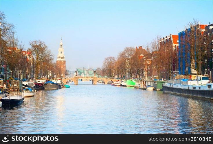 View of a Amsterdam canal at sunset. Netherlands