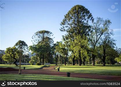 View of a beautiful park with green areas and reddish soil, located within the city