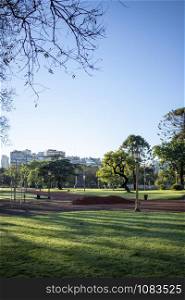 View of a beautiful park with green areas and reddish soil, located within the city